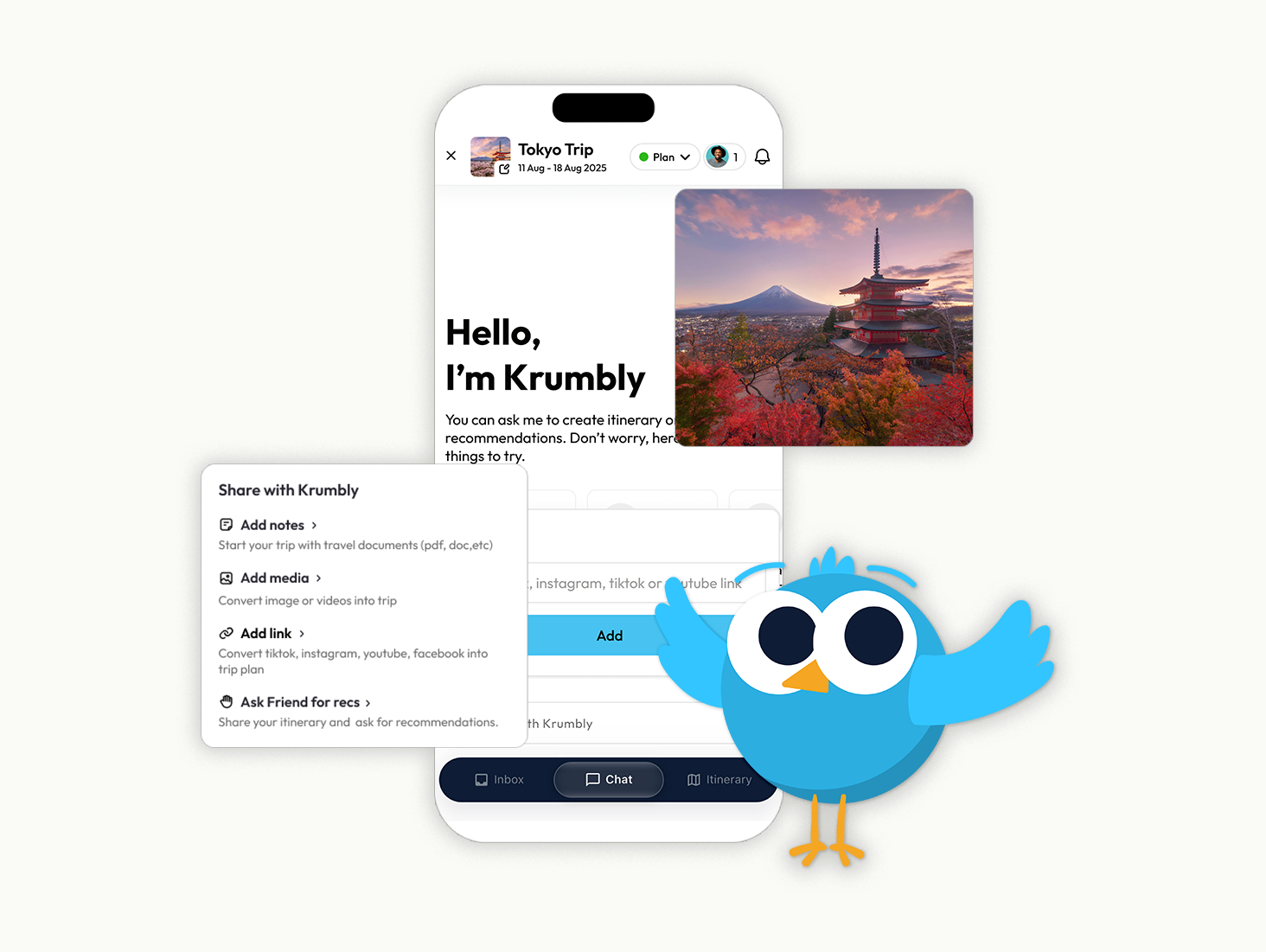 Krumbly travel companion with chat view and Share with Krumbly actions