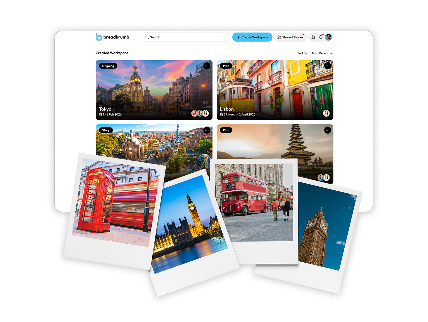 Breadkrumb dashboard with trip cards and travel photos