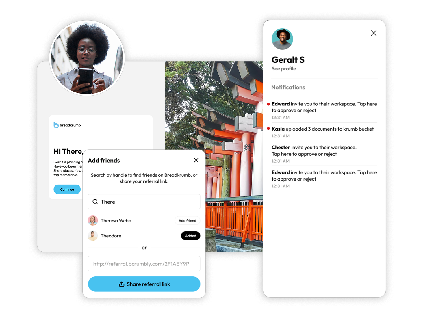 Share a trip, add friends by handle, and see trip notifications