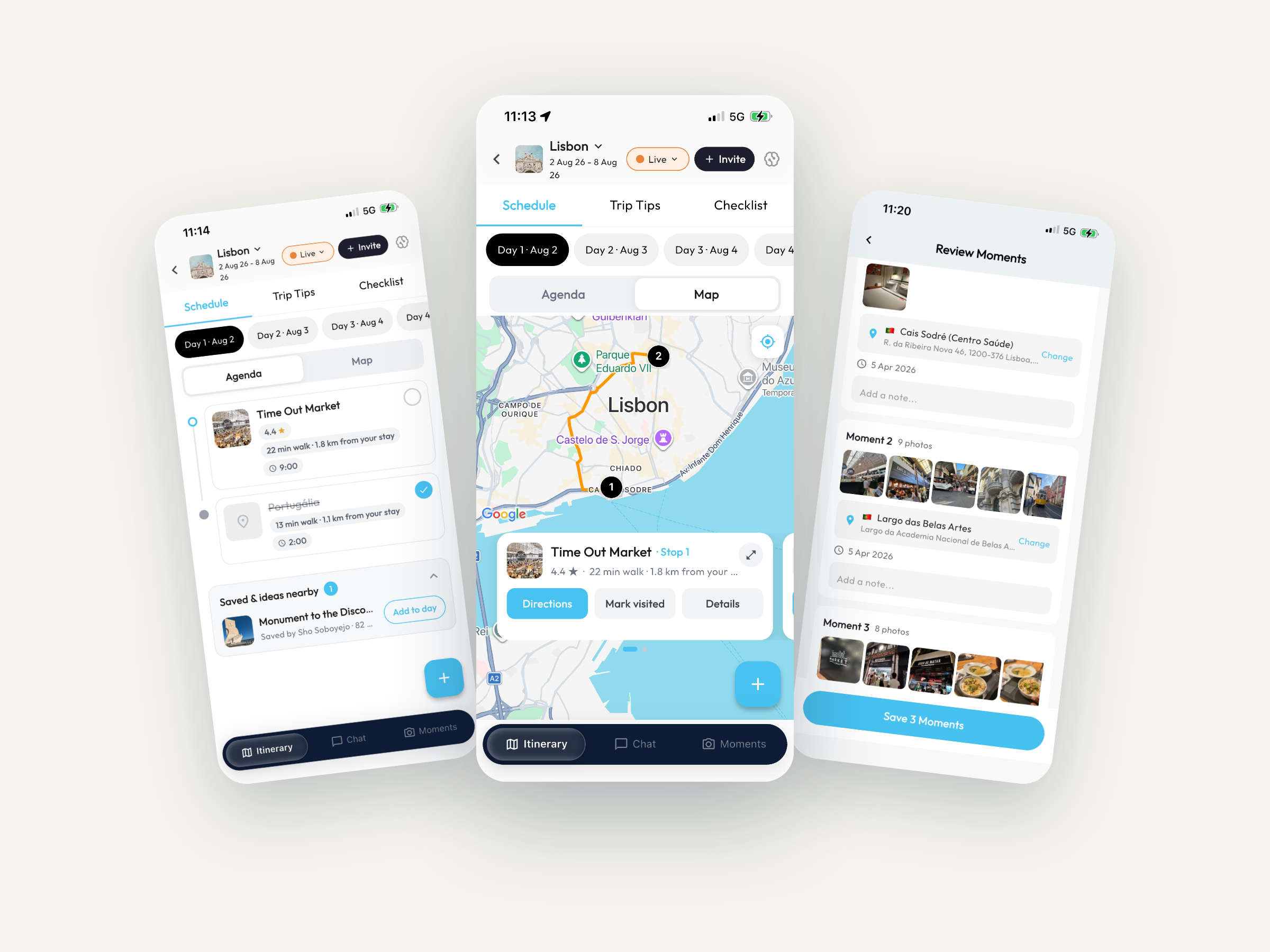 Breadkrumb live on mobile: the day's agenda, a live map with the route, and moments captured along the way